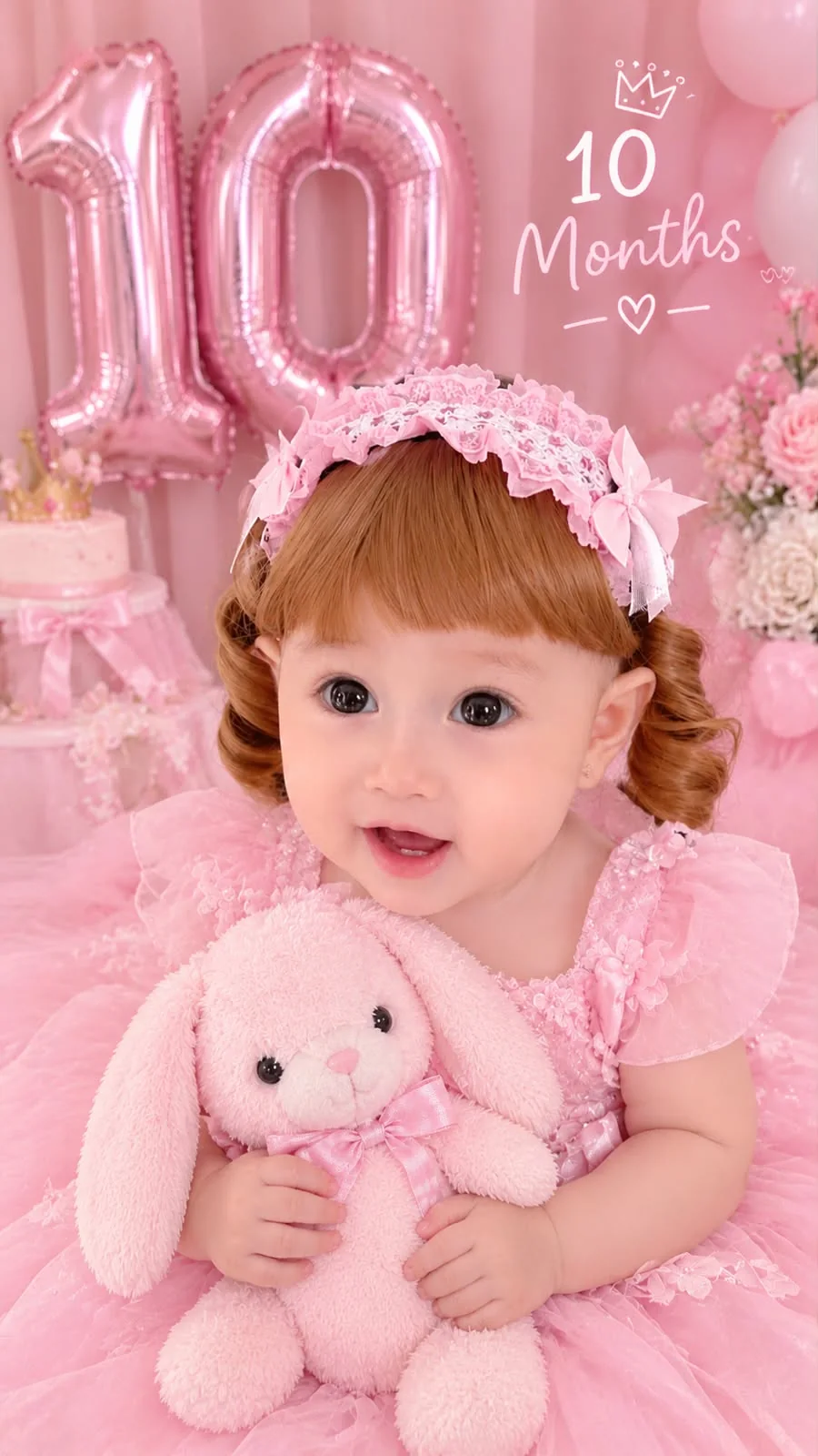 Elysia Calista Basilianus mengenakan gaun princess pink sambil memeluk boneka kelinci