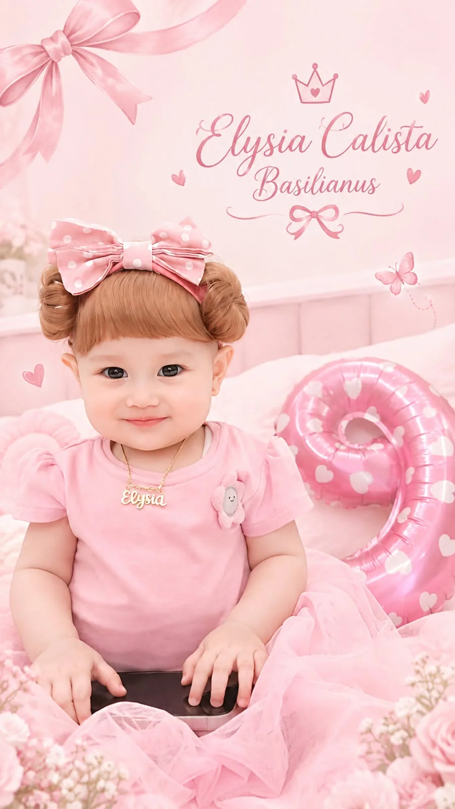 Potret Elysia dengan dekorasi pink dan tulisan Elysia Calista Basilianus