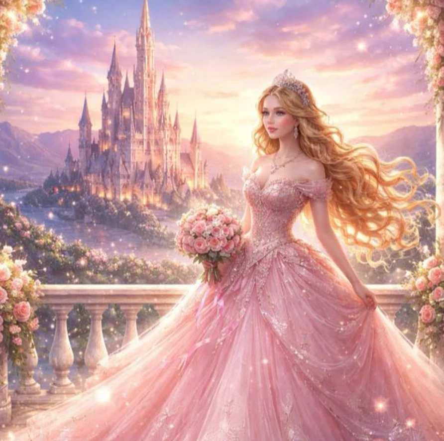 Ilustrasi kastel dongeng dengan cahaya senja pink dan emas