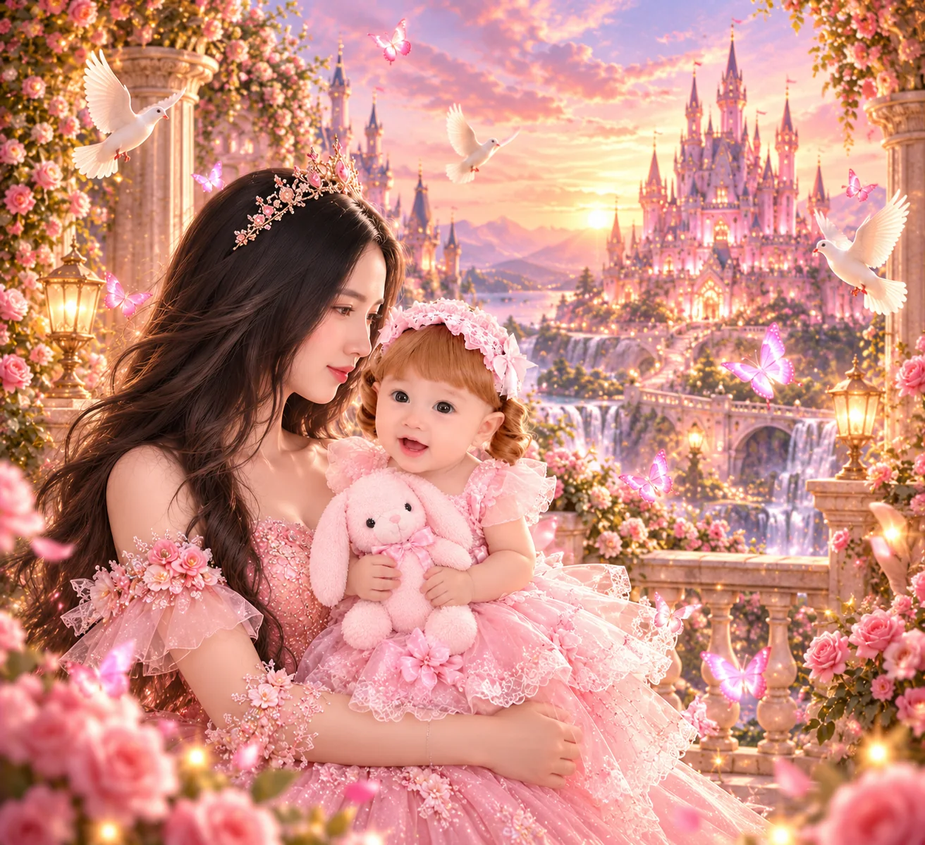 Putri ibu menggendong bayi yang memeluk boneka kelinci, dikelilingi kastel pink, bunga, kupu-kupu, dan merpati